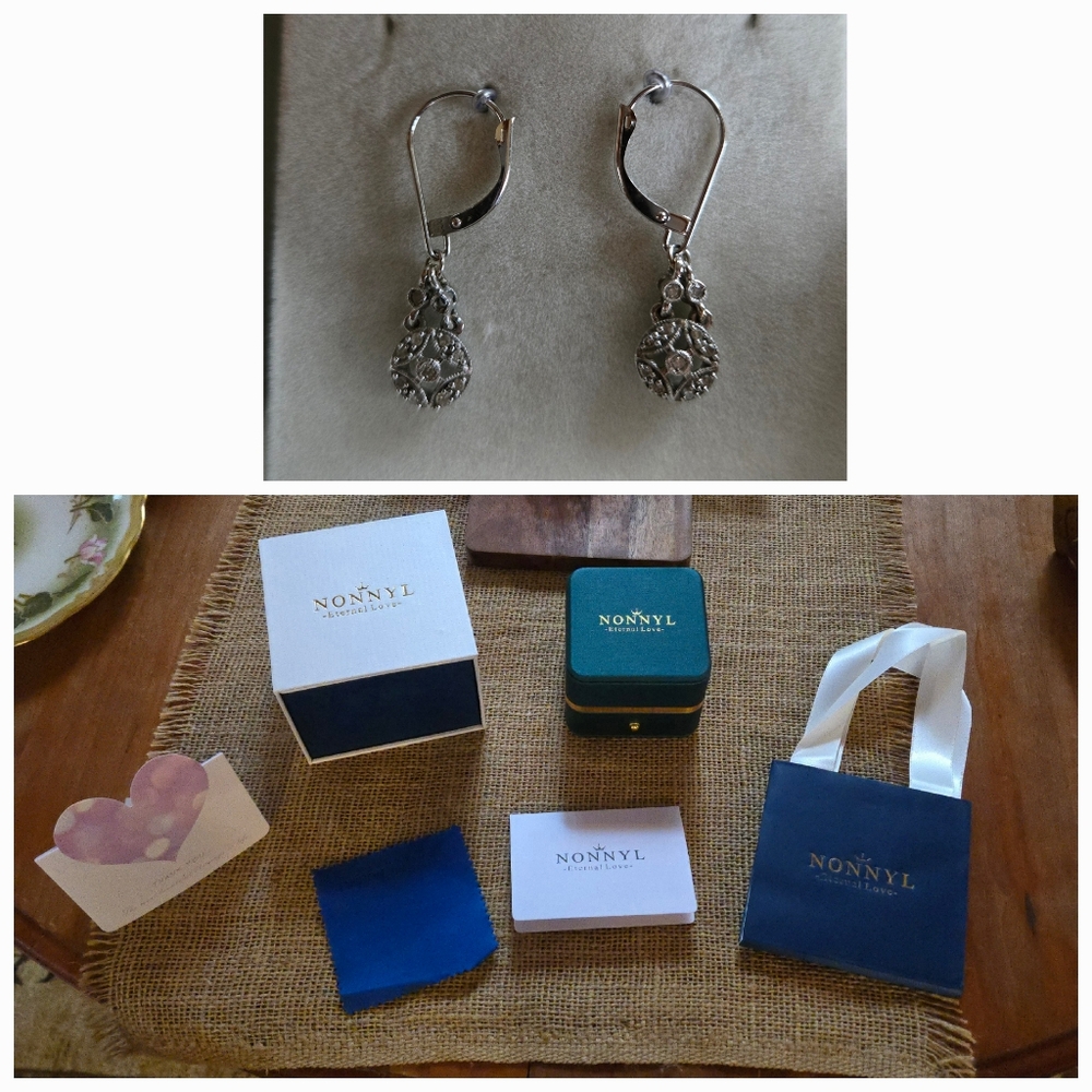 White Gold & Diamond Vintage Style Leaverback Earrings with Elegant Gift Boxes